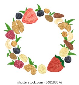 Wreath with nuts, berries and mint leaves on white background. Strawberry, raspberry, blueberry, banana, walnut, almond, hazelnut, cashew, brazil nut. Hand drawn vector illustration