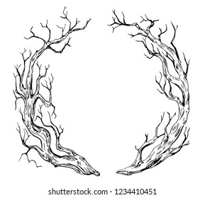 Wreath with old tree trunks. Hand drawn illustration converted to vector