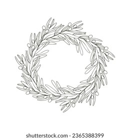 A wreath of olive branches. Olive branch in the form of a wreath. Vector composition. A hand-drawn textural branch, graphic leaves on a white background