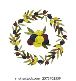 Wreath of olive branches of varying degrees of ripeness. Hand drawn natural vector frame. Healthy food illustration. Ingredients for cooking. Round foliated frame with olives.