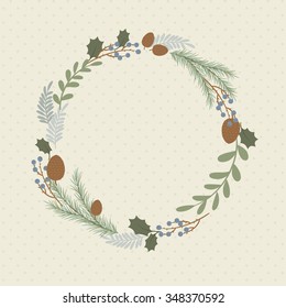 Wreath on background with hand drawn plants. 