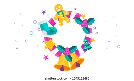Wreath on the door with bells and bright gifts. Christmas and New Year greeting cards, booklets, calendars and flyers. For advertising and sales on sites and in stores.