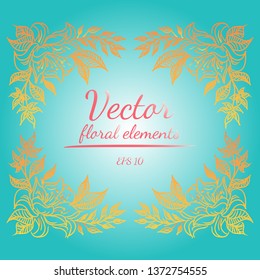 Wreath of orange flowers branch on blue color background. Floral design elements for invitations, greeting cards, posters, blogs. Hand drawn vector illustration. Vector floral elements