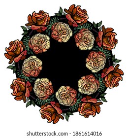 Wreath of orange roses, circle, bud, orange flower, dark background, card, postcard, congratulation, party, gift paper, print, backdrop, wrapping, present, shopping, leaves, petals, garden, bloom, joy