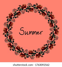 Wreath of orange roses, vector roses on an orange background, cartoon style, orange roses, invitation, celebration, bloom, orange background, summer, floristry, wedding, greeting card, vector roses
