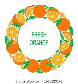 Wreath with orange. Vector Illustration with fresh oranges in circle. Vector flat design suitable from template, banner, border, frame, card or icon. 