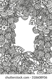 Wreath ornament  with  artistically cherries in vector. Frame. Hand-drawn, ethnic, floral, retro, doodle, zentangle, design element.  Black and white. Made by trace from sketch. for coloring book