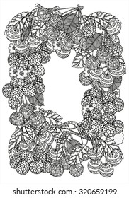 Wreath ornament  with  artistically cherries in vector. Frame. Hand-drawn, ethnic, floral, retro, doodle, zentangle, design element.  Black and white. Made by trace from sketch. for coloring book
