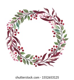 Wreath Ornamental Composition With Berries and Green Branches Vector Element