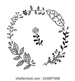 Wreath outline vector illustration on white background with elegant floral drawing. Round botanical frame for beautiful design