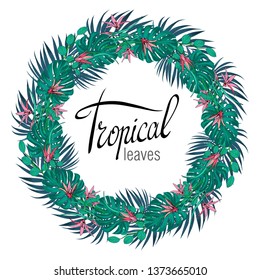 A wreath of palm leaves and tropical flowers. Summer price tag, big discount, greeting card, cosmetics label, background for holidays: Birthday, wedding, party
