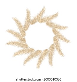 Wreath of pampas dry grass circle boho frame. Branch of pampas grass. Panicle, feather flower head. Border of pampas grass for invitation, card, decoration. Vector
