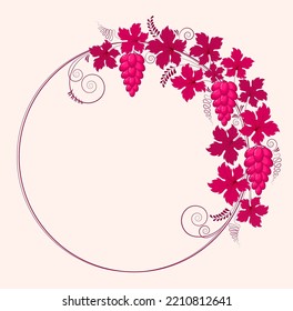 Wreath pattern from branches of leaves and bunches of grapes in vintage style. Design element for the concept of growing grapes and making wine. Vector illustration in red wine color.