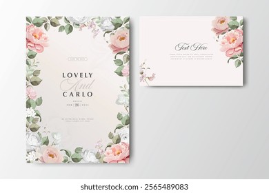 wreath peonies flower wedding invitation card with creamy background color