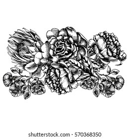 The wreath of peonies, protea and wild rose. Vector Illustration in vintage style. Romantic decor for your product.