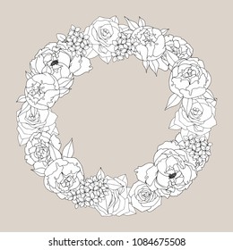 Wreath with peonies and roses. Hand drawing to design covers, greeting cards, design surfaces