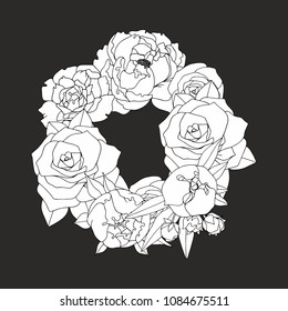 Wreath with peonies and roses. Hand drawing for the design of covers, greeting cards, surface design