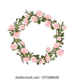 A wreath of peonies. Round frame, pink cute flowers and leaves. Spring pink blooming composition with buds. Holiday decorations for wedding, holiday, postcard, poster and design. Vector illustration