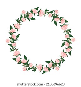 Wreath of peonies. Round frame, pink cute flowers and leaves. Spring pink blooming composition with buds. Holiday decorations for wedding, holiday, postcard, poster and design. Vector illustration