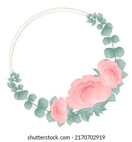 Wreath peony and eucalyptus watercolor vector. Round floral graceful frame with foliage and flowers. Circular rim pink blooming peonies and eucalyptus twigs for design invitations and cards