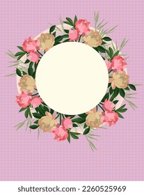A wreath of peony flowers and cereal stalks