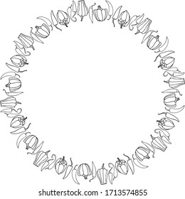 A wreath of peppers on a white background. Multi-layer vector file.Black and white graphics.Outline drawing on a white background.For postcards,invitations, brochures,business cards,restaurant menus.