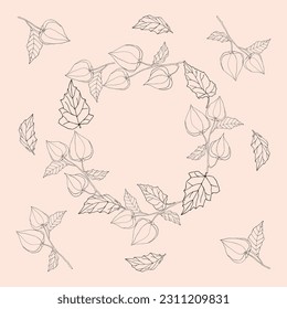 Wreath with physalis on light background. Hand-drawn vector illustration for wedding, greeting and invitation card, postcards.
