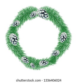 Wreath of pine branches with cones on a white background.