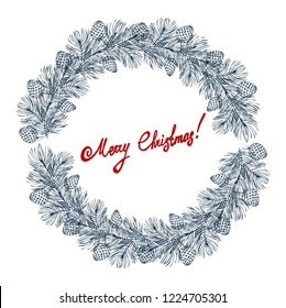 A wreath of pine branches with pine cones with the word Christmas to print.