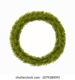 Wreath of pine branches isolated on white. Christmas round frame, template for your design.