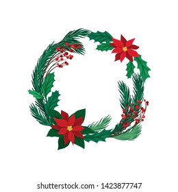 Wreath of pine branches with long needles. Vector illustration on white background.