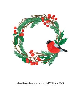 Wreath of pine branches with long needles. Bullfinch sitting on a branch. Vector illustration on white background.