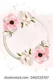 Wreath of pink anemones. Round Floral Frame for design. Circular frame with anemone for greeting card. 