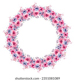 Wreath with pink and blue flowers, green leaves and branches in vintage watercolor style. Vector circle frame