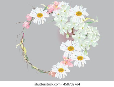 wreath of pink cherry blossom  daisy flowers  Jasmine with leave .vector illustration