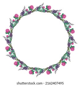 Wreath of pink clover flowers and purple wild plants. Round frame, cute bright plant with shamrock leaves. Festive decorations for wedding, holiday, card, poster and design. Vector flat illustration