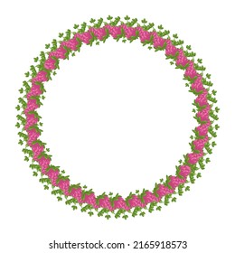 Wreath of pink clover flowers. Round frame, cute bright plant with shamrock leaves. Festive decorations for wedding, holiday, postcard, poster and design. Vector flat illustration