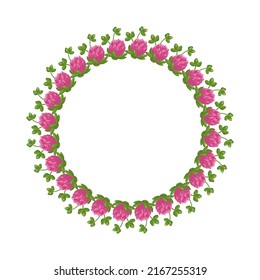 Wreath of pink clover flowers. Round frame, cute bright plant with shamrock leaves. Festive decorations for wedding, holiday, postcard, poster and design. Vector flat illustration