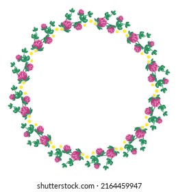 Wreath of pink clover flowers and white daisies. Round frame, cute bright plant with shamrock leaves. Festive decorations for wedding, holiday, postcard, poster and design. Vector flat illustration