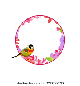 Wreath of pink flowers. Bird on a flower frame. Vector isolated object

