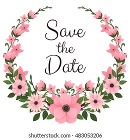 Wreath with Pink Flowers, Deep Green Leaves, Tree Branches and Words Save the Date