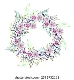 wreath of pink flowers. Hello spring hand drawn. Not AI, Vector illustration.