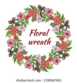 A wreath of pink flowers. Rose, Hulthemia, Holthemos. Vector