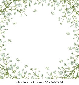 Wreath with pink flowers tulips and gypsophila. Festive element for spring design season. Frame in a romantic style. Round garland for cards, congratulations, various design, print.