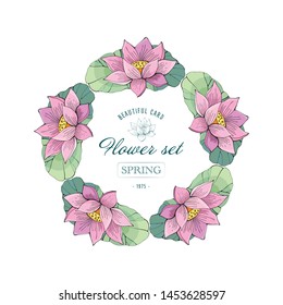 Wreath of pink Lotus. Delicate, romantic style for wedding invitation, greeting cards. Botanical vector retro illustration. Hand drawing. Nelumbo