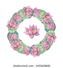 Wreath of pink Lotus. Delicate, romantic style for wedding invitation, greeting cards. Botanical vector retro illustration. Hand drawing. Nelumbo