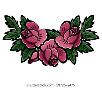 Wreath of pink roses, buds and green leaves with black stroke. Decoration  flower element of cards, invitations, scrapbooking. Botanical illustration. Isolated on white background. Eps10 vector
