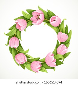 Wreath of pink spring tulip flowers isolated on white background