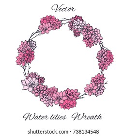 Wreath of pink water lilies and tree branches isolated on white background. Usable as floral wedding invitation, save the date design and more. 