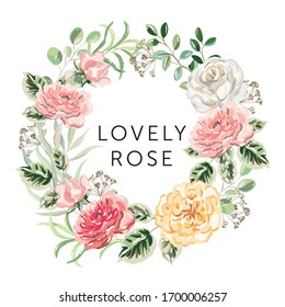 Wreath of pink, yellow flowers, forest green leaves, white background. Wedding invitation round frame. Vector illustration. Floral arrangement. Design template greeting card, text Lovely rose